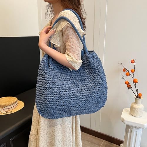 Bolso de playa grande de paja, estilo retro, con cierre de pestillo, bolso de mano tejido para damas, bolsos tipo tote para verano miniatura 5