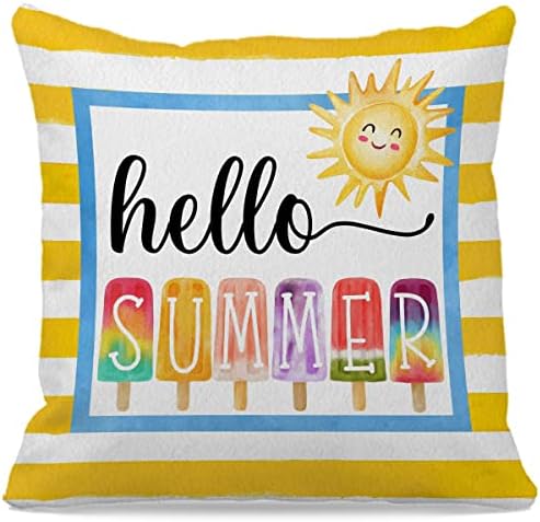Yellow Stripes Popsicle Hello Summer Throw Pillow Case 18″×18″,Colorful Sunshine Holiday Decorative Cushion Cover for Farmhouse Living Room Yard Patio Terrace,Gifts for Family Friends Women Girls