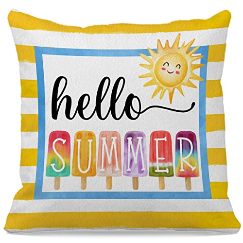 Yellow Stripes Popsicle Hello Summer Throw Pillow Case 18″×18″,Colorful Sunshine Holiday Decorative Cushion Cover For Farmhouse Living Room Yard Patio Terrace,Gifts For Family Friends Women Girls #TOP26