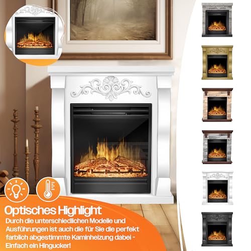 Kesser® Caminetto Elettrico Da Appoggio - Effetto Fiamma Led 3D, Funzione Riscaldamento, Potenza 1800W (Villa/Weiß) - 3