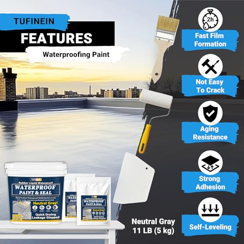 Image of Rubber Liquid Waterproof Sealant, TUFINEIN 11 LB /5 KG Neutral Gray Quick Drying Multi Surface Foundation Leak Repair - Roof Gutters Basement Sealer Waterproof - Indoor & Outdoor Flexible Rubber Paint