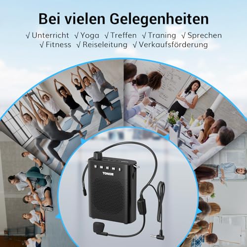 TONOR Sprachverstärker Tragbar, Wiederaufladbarer Mini Stimmverstärker mit Bluetooth Lautsprecher, 100 cm Kabelgebundenem Mikrofon-Headset, PA-System für Trainer, Reiseführer, Tagungen, Fitness, K10