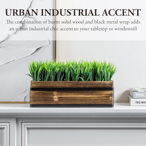 MyGift-14-Inch-Artificial-Green-Grass-Plant-in-Rustic-Burnt-Wood-Planter-Box-with-Industrial-Black-Metal-Accents-Realistic-Greenery-Tabletop-Centerpiece MyGift 14 Inch Artificial Green Grass Plant in Rustic Burnt Wood Planter Box with Industrial Black Metal Accents Realistic Greenery Tabletop Centerpiece