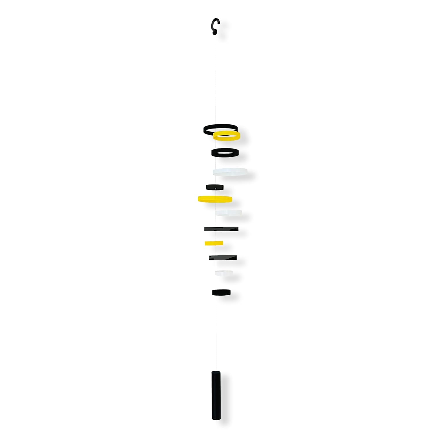 Whirlwind Kinetic Hanging Mobile: 12 Rings in Black, Yellow & White – Captivating Wind-Powered Art Decor