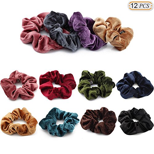 Hisight 12Pcs Big Velvet Hair Scrunchies Elastic Hair Bands Ties Donut Hair Ponytail Holder Hair Accessories Effortless Hair Bands Ties Ropes Hair Stylish Ponytail Accessories for Women or Girls