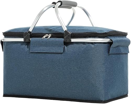 30 L Shopping Basket Cooler Bag Insulated Picnic Basket, Premium Extra Large Cooling Cooler Cool Bag, Collapsible Lunch Bag Box, for Camping/Outdoor Activities/Family Travel/BBQ/Shopping (Navy blue)