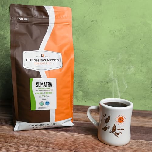 Image of Fresh Roasted Coffee, Organic Sumatra Water-Processed Half-Caf Drip Ground Coffee, Medium Roast, USDA Organic, 100% Single Origin, Kosher, 5 lb (80 oz)