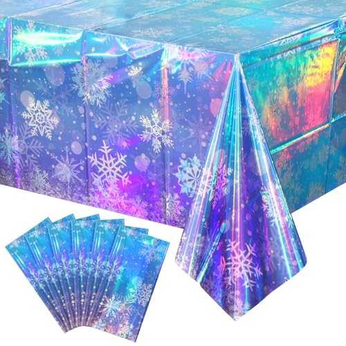 Zachely 6 Pack Iridescent Winter Snowflake Plastic Tablecloth Decorations, Holographic Blue and Purple Snowflake Winter Wonderland Disposable Table Cover for Holiday Birthday Decorations, 54x108 Inch