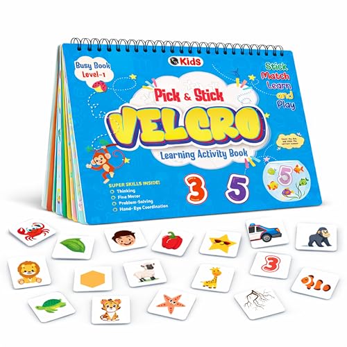 Image of Pick & Stick Velcro Learning Activity Book For Kids | Busy Book Level 1 For 2+ Years Old Toddlers | Montessori DIYs, Skill Builder, Numbers, Alphabets, Body Parts, Colors, Travel Vehicles, Kids Gifts
