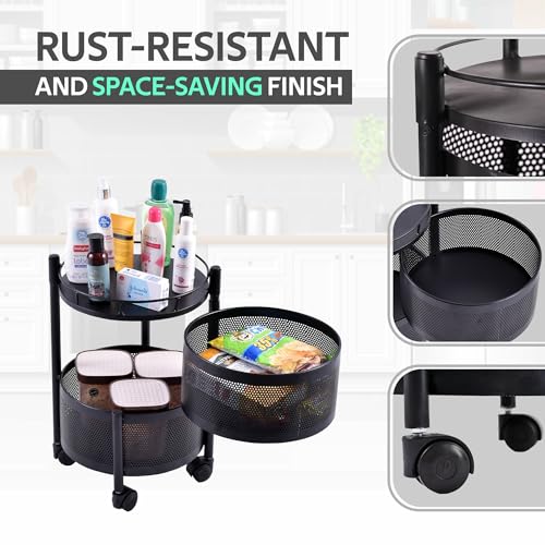 Image of Fun Homes 2 Layer Round Metal Vegetable Rack for Kitchen | Rotating Fruits & Pantry Items Stand | Multipurpose Kitchen Mesh Trolley Storage Rack with Wheels for Home | Onion-Potato Stand | Black