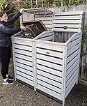 BinGarden Double Wheelie Bin Storage Store Bi-Fold Roof Painted Silver Grey Garbage Cover Garden Shed Tidy Hide Trash Can Outdoor Twin Dustbin Slatted Hideaway for up to 240L Bins / 65G Cans