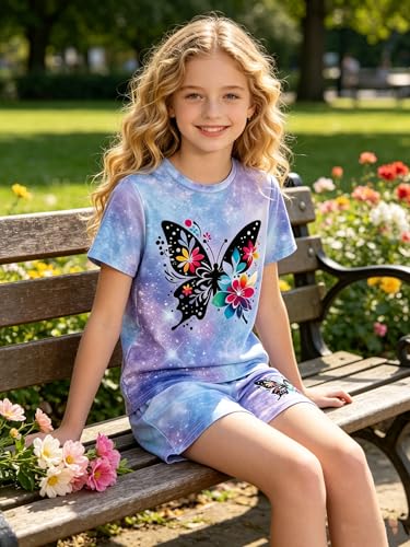 Image of 7-14Y Tween Girl Clothes 2 Piece Short Sleeve Tie Dye Heart Print Top and Shorts Teen Girl Summer Outfits Short Set