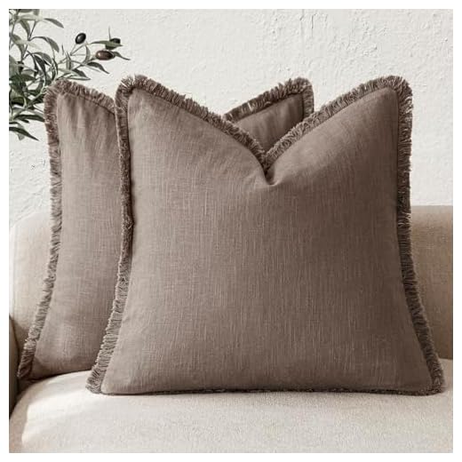 Foindtower Set of 2 Decorative Linen Fringe Throw Pillow Covers Cozy Farmhouse Cushion Cover with Tassels Accent Pillowcase for Couch Chair Sofa Bed Living Room Home Decor,24×24 Inch,Light Coffee