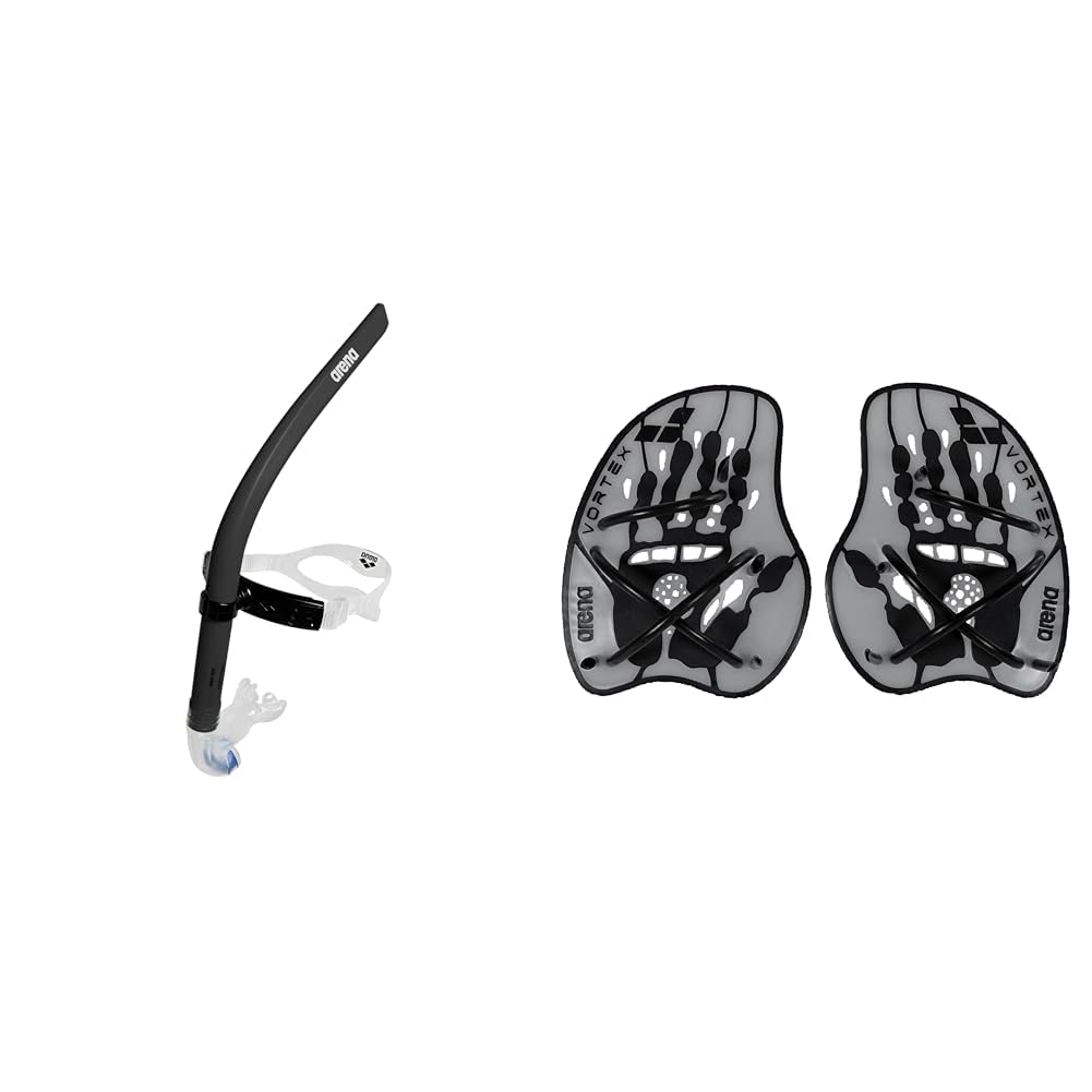 ARENA Unisex-Adult Swim Snorkel III Schnorchel, Schwarz, Einheitsgröße & Unisex Schwimm Wettkampf Trainingshilfe Hand Paddle Vortex (Ergonomisch, Für Kraft- und Techniktraining), Silver-Black (15), M