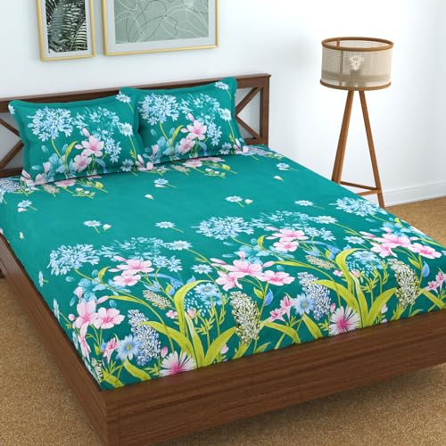 Image of KAWI Cotton Elastic Fitted Bedsheet Queen Size For Double Bed (78 X 60 X Up To 8 Inch, Green, 200 Tc, Floral)