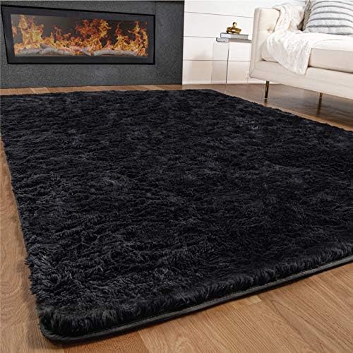 Gorilla Grip Fluffy Area Rug, 5×7 Feet, Soft and Cozy Faux Fur Living Room Carpet, Strong Backing, Luxury Home Decorations, High Pile Throw Rug for Nursery, Bedroom, Dorm, Easy to Clean, Jet Black