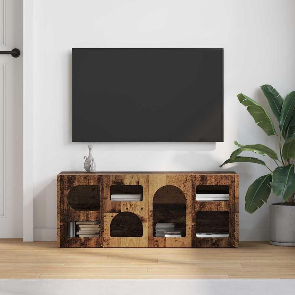 Szafka pod telewizor, stare drewno, 100 x 35 x 40 cm, materiał drewnopochodny, z 7 półkami, do salonu, sypialni, do przechowywania mediów