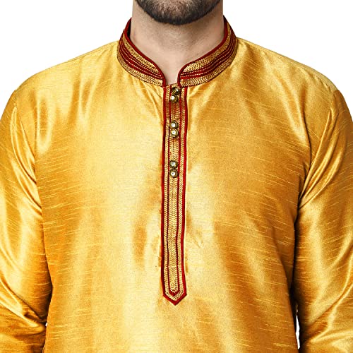 Image of SKAVIJ Men's Art Silk Embroidered Kurta Pajama Set Woven Design Festive Party Dress (KP027gold Gold M)
