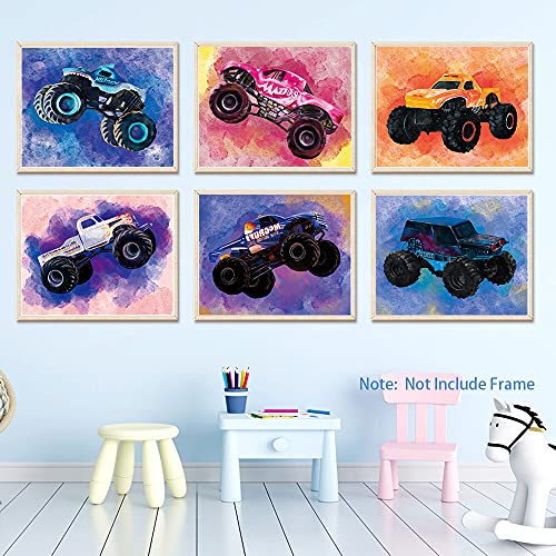 Xuoiaynb Boys Monster Truck Art Print- Watercolor Cool Vehicle Car Canvas Wall Art-(8”X10”X6 Pieces, Unframed)-Perfect For Kids Bedroom Playroom Decoration #TOP1