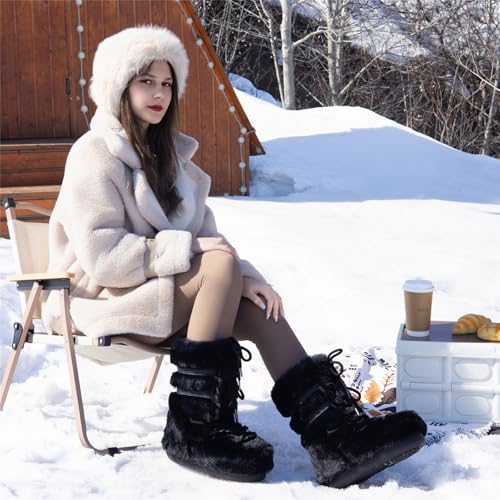 JIANCHIBUXIE Womens Snow Boots,Fuzzy Furry Fluffy Fur Boots with Faux Fur Lined,Winter Mid-calf Lace-up White Black Pink Warm Comfortable Ski Boots (black 8 9) - Thumbnail 2