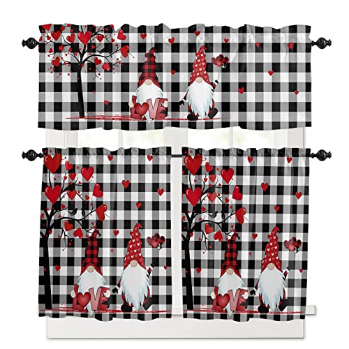 Valentines Kitchen Curtain Set Gnome Rod Pocket Kitchen Tier Curtains Valance Set 3 Piece Red Love Heart Tree Valentines Day Window Curtain Valance Tier Set 54 X 36 In,Black White Buffalo Check Plaid #TOP25