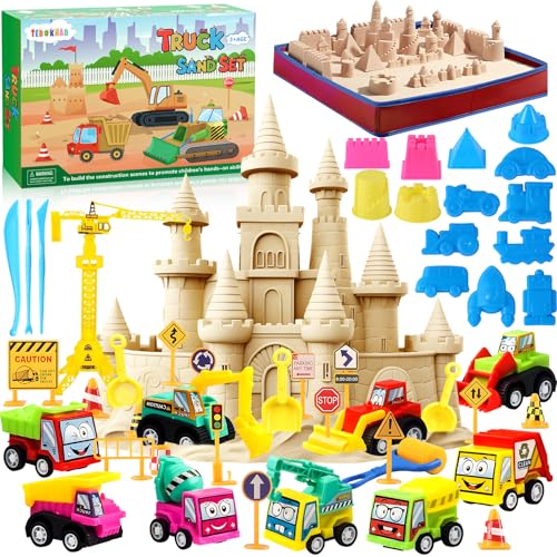 TEBOKHAD Arena Magica Para Niños, Playa Juegos Coche De Juguete, Kit Caja De Arena Plegable Con 1kg De Arena, Herramientas Y Accesorios, Arena Kinetica Para Niños Mayores De 3 Años