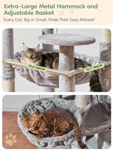 Image of Taoqimiao 76-Inch Cat Tree XXL for Large Cats, Giant Cat Tower with Scratching Board, Extra-Large Metal Hammock, 3 Perches, 7 Sisal Posts, 2 Big Condos, Hanging Basket, Light Gray, MS047W