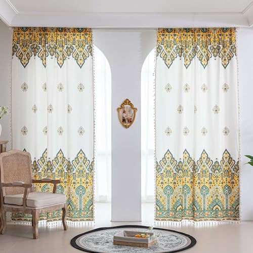 Image of Yellow Paisley Curtains 63 Inches Long, Boho Farmhouse Light Filtering Rod Pocket Drapes with Tassel Trim for Bedroom Living Room, 2 Panels