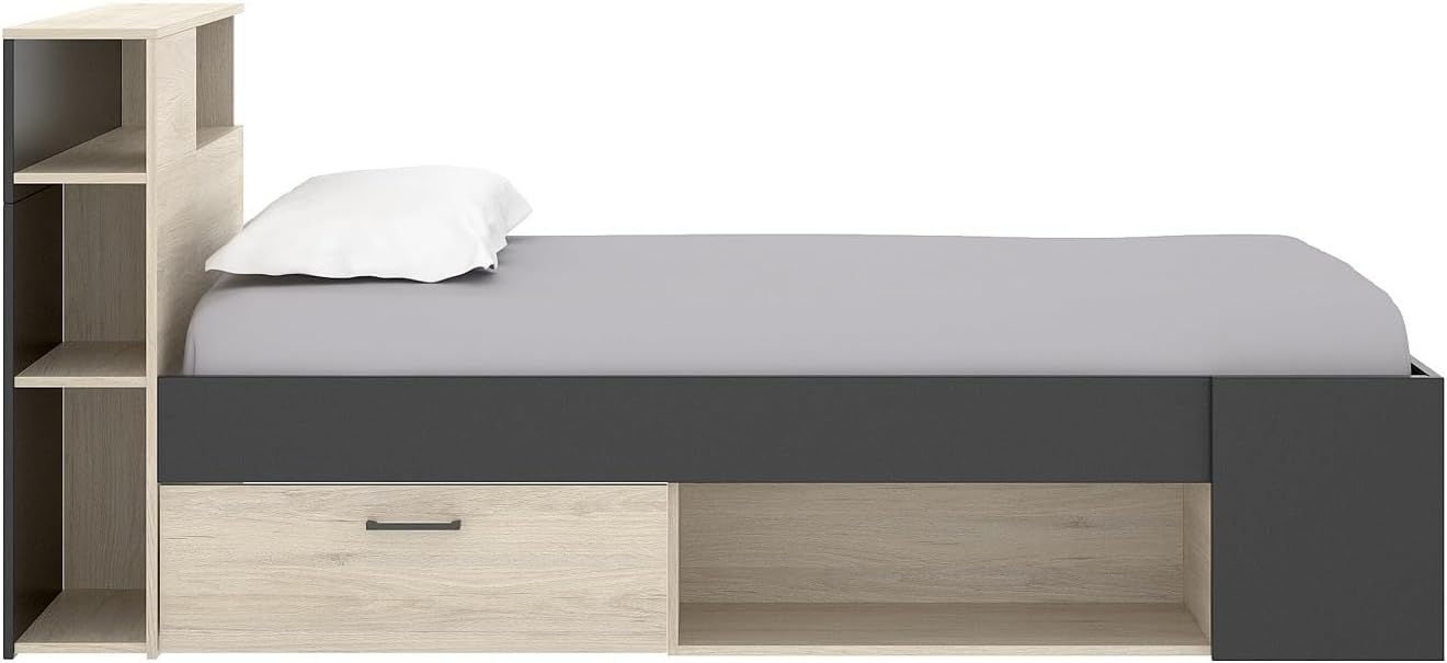 Ġenb view of the Vente-unique Leandre bed frame, highlighting the integrated drawers and lateral storage niche.