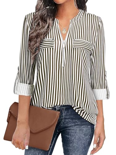 Image of Bulotus 3 /4 Length Sleeve Womens Striped Tops Zipper V Neck Collared Blouses Business Casual Tunics 2026 Spring Trendy