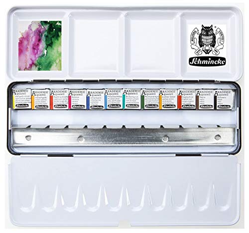 Schmincke Akademie Aquarellfarbe, Akademie Aquarell Malkasten, Metallkasten, 12 x 1/2 Näpfchen, Standard-Auswahl