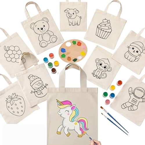 Image of (Pack of 10)- DIY Eco-Friendly Canvas Tote Bags for Kids- Pre-Outlined Designs for Painting | Perfect Return Gift for Kids Birthday Party | Reusable Cotton Bags (Includes Paint and Brush- Design 1)
