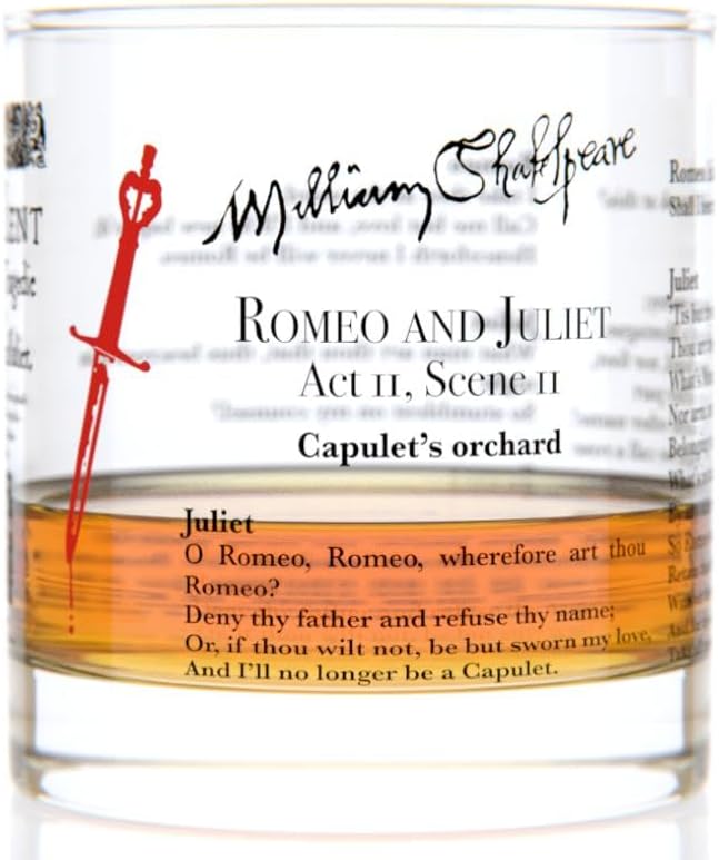 Well Told Shakespeare Rocks Glass Set of 2 - “The Tragedy of Hamlet” and “Romeo and Juliet” - Old Fashioned Whiskey Glass Gift for Book Lovers (11 oz)