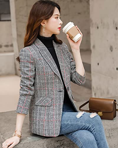 Womens Plaid Blazer Classic Notch Lapel Button Long Sleeve Slim Checker Jacket Outwear2