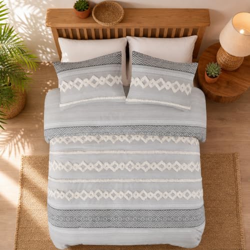 Image of Hyde Lane Boho Queen Comforter Set - 3-Piece Shabby Chic Bedding Sets, Farmhouse Bed Comforter with 2 Pillow Shams, All Season Cotton Top, Gray Tufted Pom Pom
