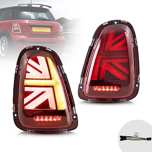VLAND LED Union Jack Red Tail Lights Compatible For [ 2007-2013 BMW Mini Cooper R56 R57 R58 R59 ] W/Sequential Turn Signal, Rear Lamp Assembly, No Not For F Series & Cooper Clubman
