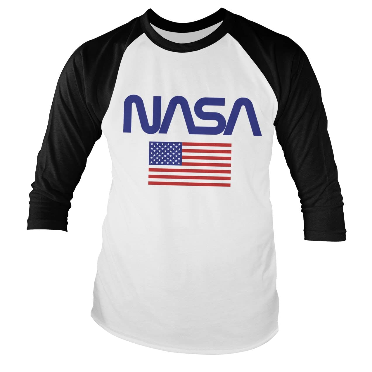 Nasa Unisex White-Black Officially Licensed Old Glory Baseball Long Sleeve T-Shirt (White-Black), L