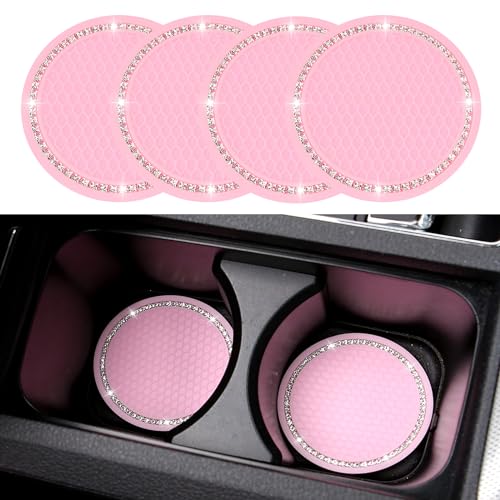 4 Pack Bling Car Coasters, 2.75 Inch Bling Crystal Rhinestone Diamond Soft Rubber Pad Set Round Auto Cup Holder Insert Drink Coaster Car Interior Accessories (Pink New)