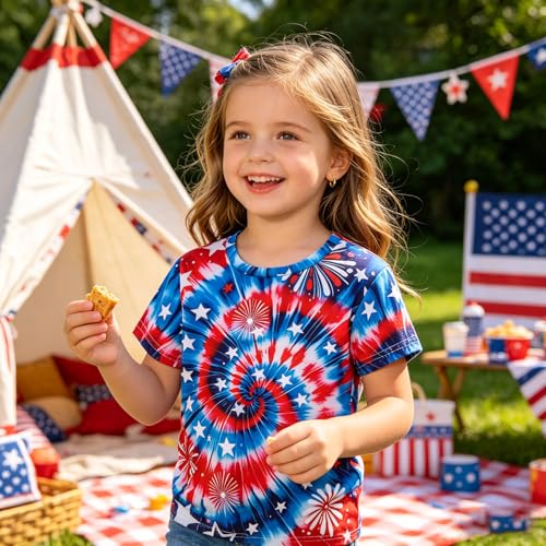 Image of Kids 4th of July 3D Tie Dye Style T-Shirt Boys Girls Patriotic American Flag Clothes Firecracker Tops 4-10 Years