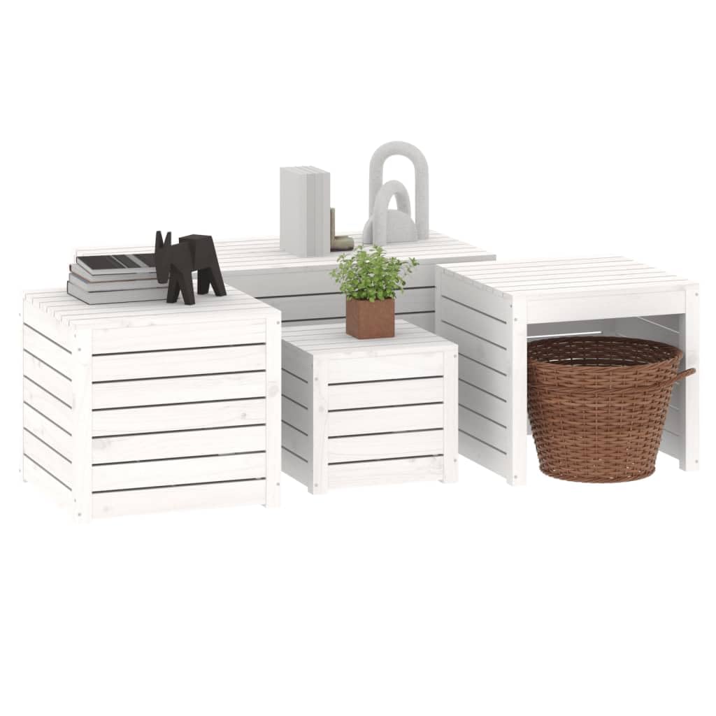 Juego de 4 cajas de jardín de madera de pino maciza, color blanco con tapa, mueble de terraza resistente para almacenamiento al aire libre, asiento o mesa, capacidad 110 kg