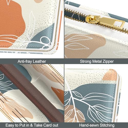 Image of Nipichsha Womens Wallet, RFID Wristlet Wallet for Women, Cute Ladies Purse, Large Credit Card Clutch Wallets, Leather Card Holder Wallets with Zipper & Phone Holder, Abstract Boho Leaf