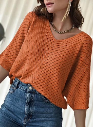 Image of Dokotoo Womens Plus Size 3 /4 Sleeve V Neck Loose Pullover Knit Sweaters for Women Fall Tunic Tops Jumper Knitted Casual Top Lightweight Summer Sweater 2026 Trendy Orange XX-Large