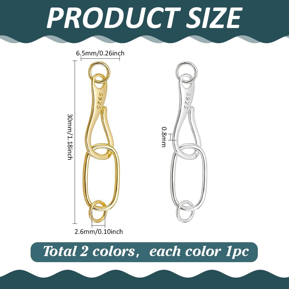 PH PandaHall 2PCS 925 Sterling Silver Oval Hook Clasps, S Hook Ring Jewelry Clasps and Eye Clasp Ring Clasp Connectors for Necklace Bracelet Pendant Purse Making Keychain Crafts, Platinum Golden - Image 2