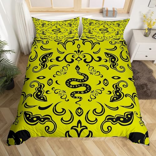 Homewish Parure de Lit 140x200 Adulte Serpent Bohème, Housse de Couette Hippie Halloween Gothique, Sets de Housses de Couettes Rétro Jaune Noir Baroque Damas...