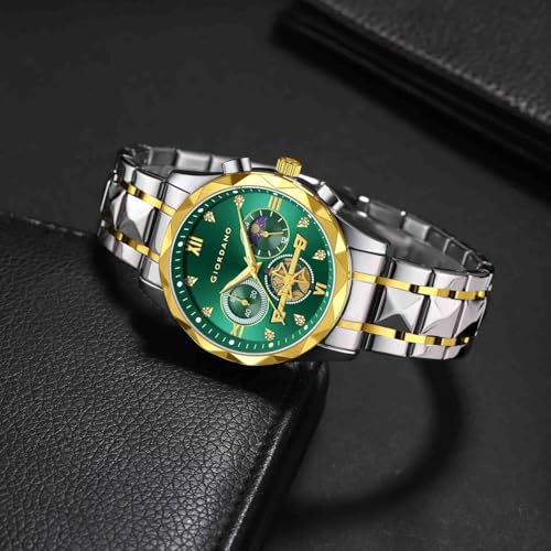 Image of Giordano Chronograph Analog Quartz Watch for Men with Round Dial, Multifunction Subdials, Sun Moon Display, Crystal Hour Markers, Roman Numerals, Stainless Steel Strap - GZ-50236
