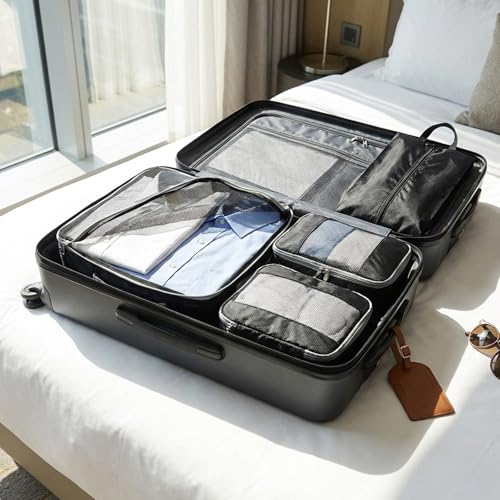 Image of 4 in 1 Waterproof Compression Packing Cubes Set - Lightweight Durable Polyester Travel Clothes Organizer Bags, Washable Luggage Packing Organizers (Black)