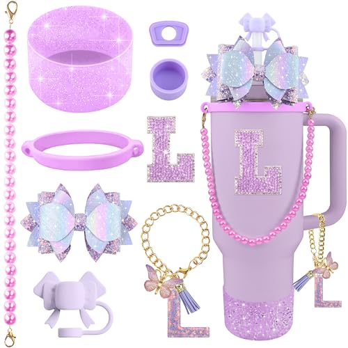 Hpebl 9PCS Purple for Stanley Cup Accessories Set Bling Initials Bow Charms for Stanley Decorations 30/40 Oz Tumbler Accessories Including Bow Straw Topper, Handle Strap, Spill Stopper(Letter L) - image 1