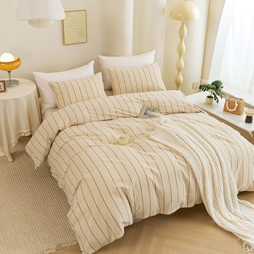 Image of ECOCOTT Striped Duvet Cover Queen Size, 100% Washed Cotton Linen Feel Comforter Cover, 3PCS Vertical Stripe Bedding Set with Zipper Closure & Corner Ties