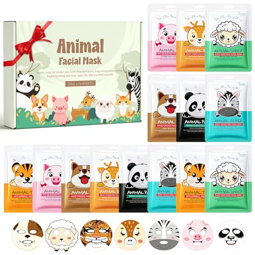 Gesichtsmaske Frauen Tuchmasken Gesicht Teenager Mädchen Geschenke 14 Stück Maske Gesicht Gesichtsmasken Set Tiermuster Tuchmaske Feuchtigkeitsmaske Gesicht Beauty Set Mädchen für Alle Hauttypen