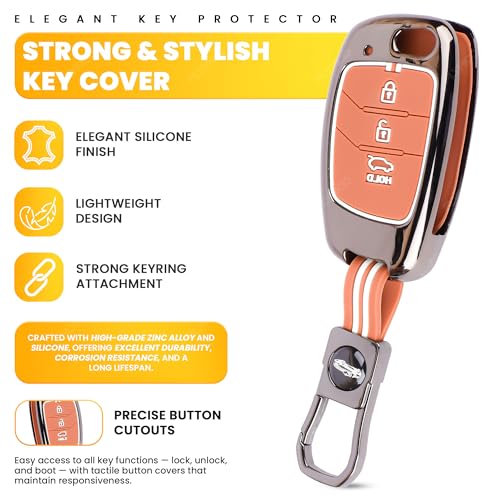 Image of Coll of Fest Premium Metal Silicone Brown Key Cover Compatible with Hyundai Creta | i20 | Alcazar | Venue | Xcent | Grand i10 Nios | Aura | Exter | Tucson 3-Button Flip Key Glow in Dark